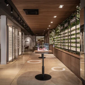 Tienda moderna de gafas con estantes y decoración vegetal.